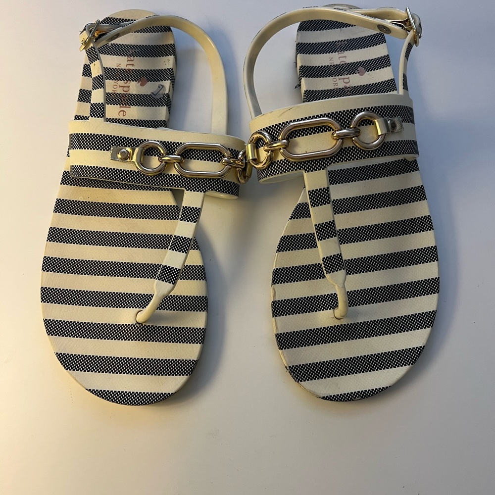 Kate Spade black and White Striped Sandals with Gold Chain